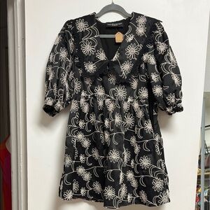 Chloe Dao Black Ivory Embroidered Floral Puff Sleeve Cotton Mini Dress Collar S